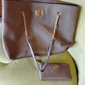 Tory Burch Leather Gray Shoulder Bag with Gold Details